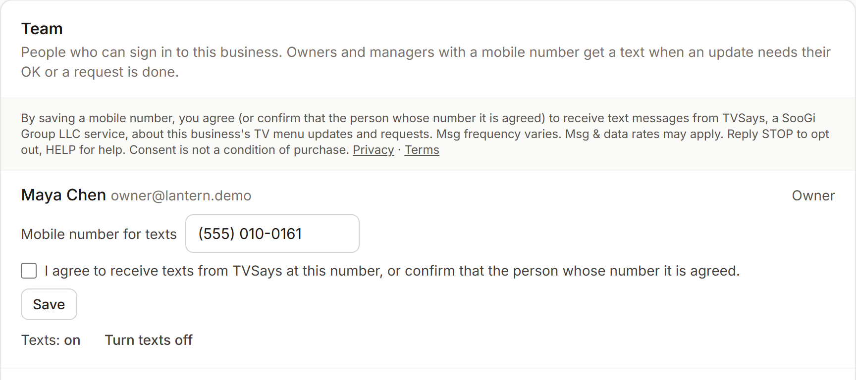 The Team page at tvsays.com: the consent statement above the box where an owner saves a mobile number for texts, with a Save button.